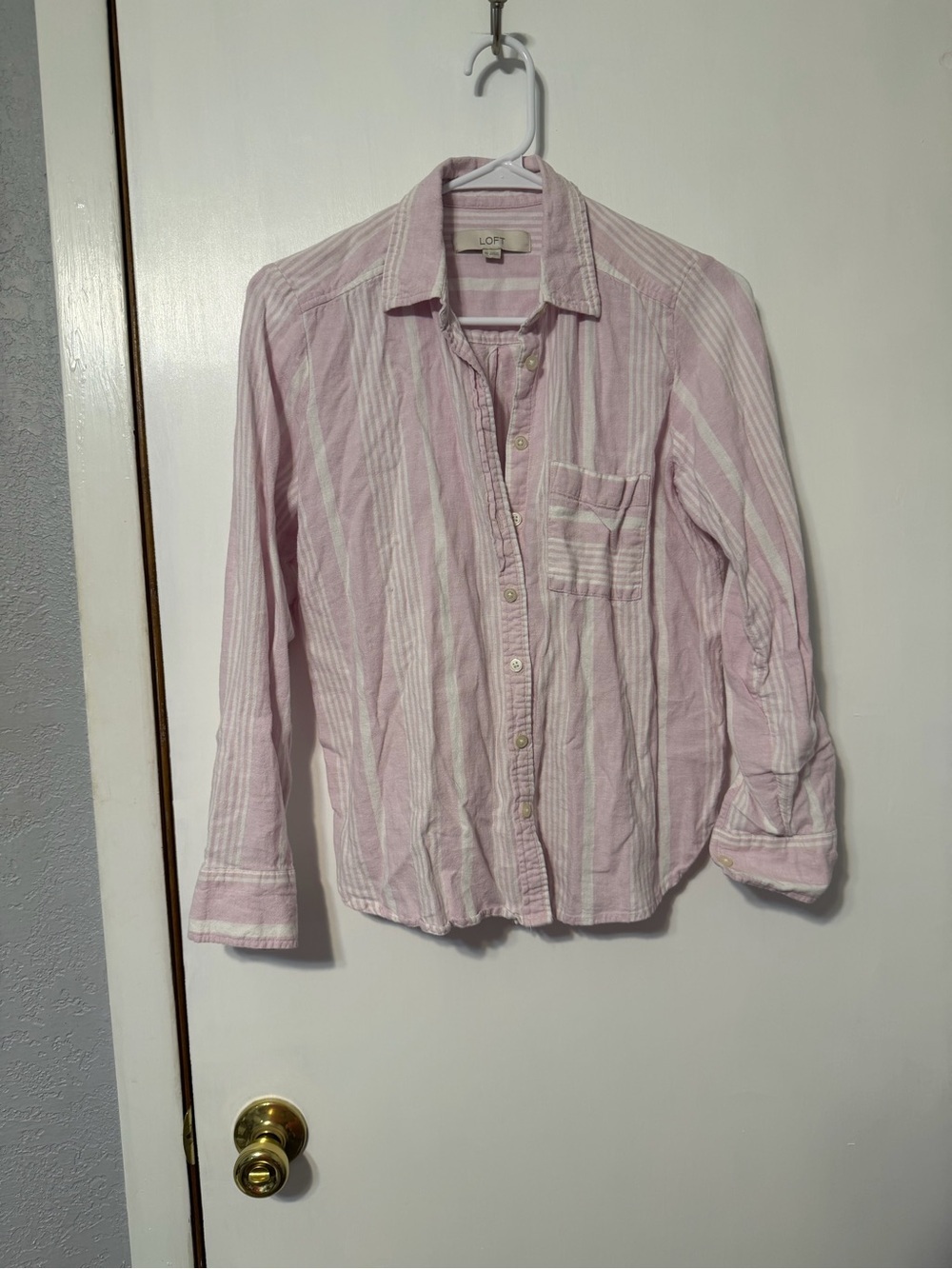 LOFT Light Pink and White Striped Collared Blouse